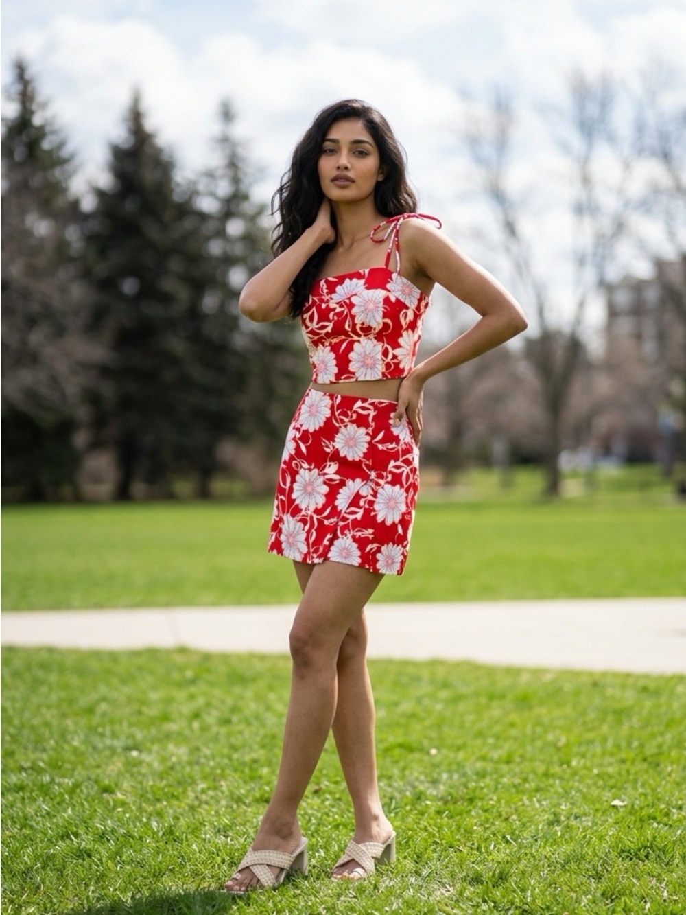 Red Floral Tie-Shoulder Crop Top & Skirt Set